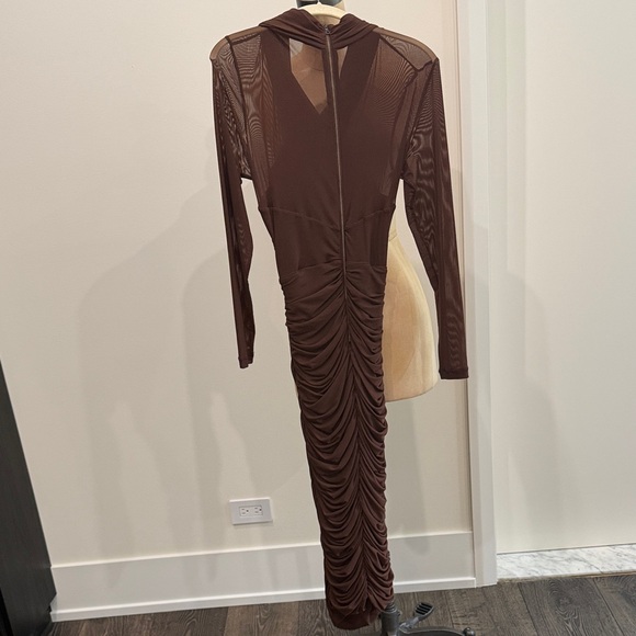 Bardot Long Sleeve Draped Midi Dress in Rich Brown - Picture 4 of 5